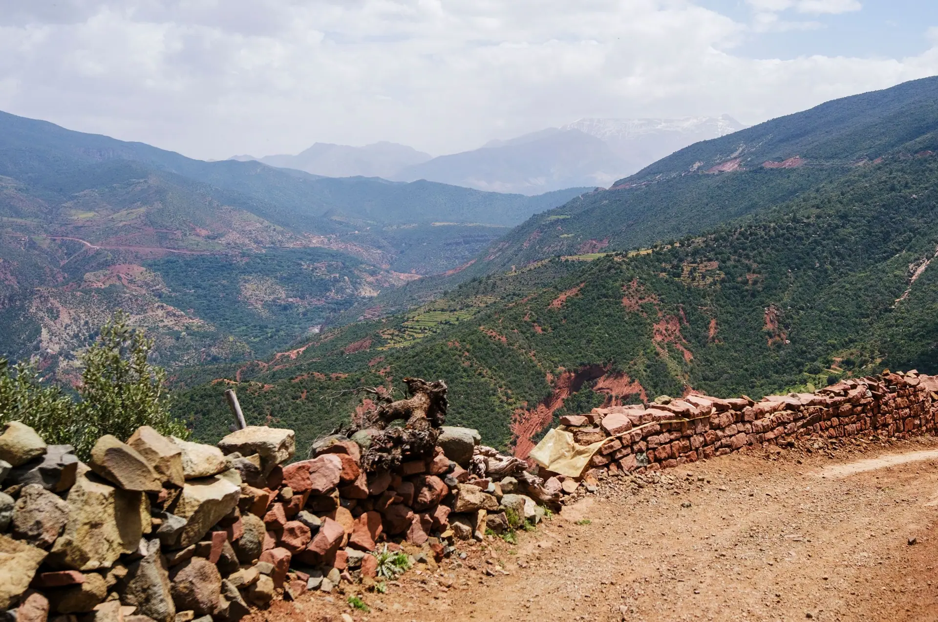 Breathtaking landscape of the Atlas Mountains featuring rugged terrain and lush greenery in Morocco.